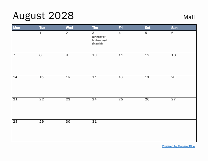 August 2028 Simple Monthly Calendar for Mali