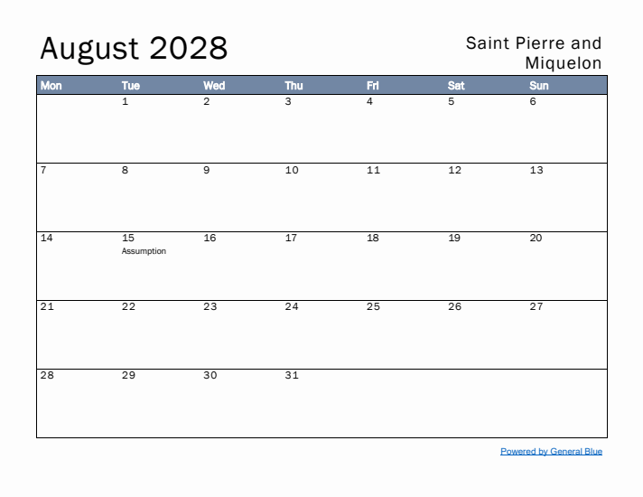 August 2028 Simple Monthly Calendar for Saint Pierre and Miquelon