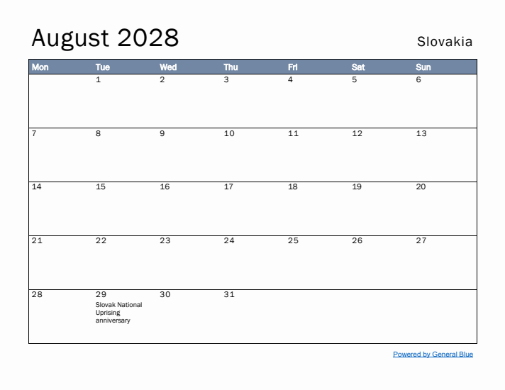 August 2028 Simple Monthly Calendar for Slovakia