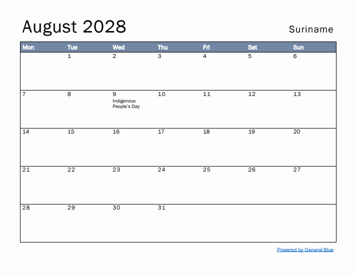 August 2028 Simple Monthly Calendar for Suriname