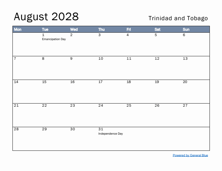 August 2028 Simple Monthly Calendar for Trinidad and Tobago