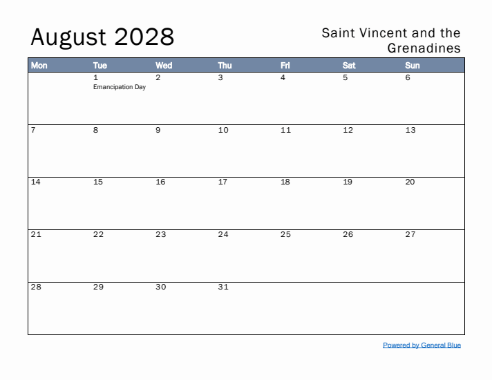 August 2028 Simple Monthly Calendar for Saint Vincent and the Grenadines