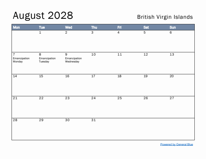 August 2028 Simple Monthly Calendar for British Virgin Islands