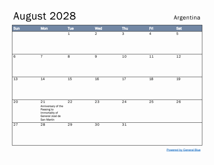 August 2028 Simple Monthly Calendar for Argentina