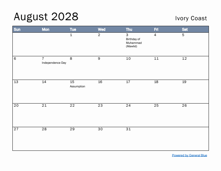 August 2028 Simple Monthly Calendar for Ivory Coast