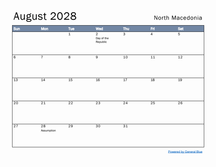 August 2028 Simple Monthly Calendar for North Macedonia