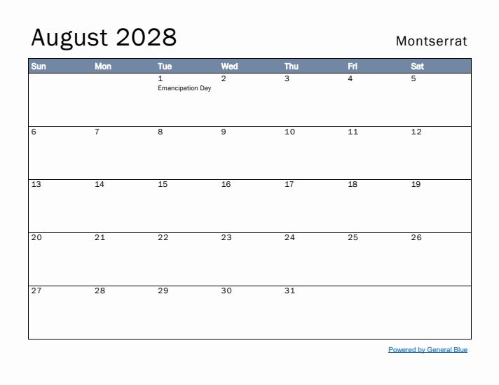 August 2028 Simple Monthly Calendar for Montserrat