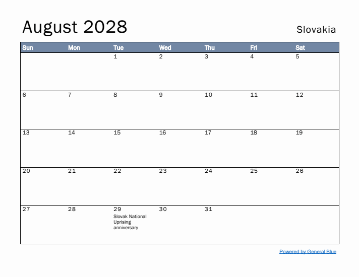 August 2028 Simple Monthly Calendar for Slovakia