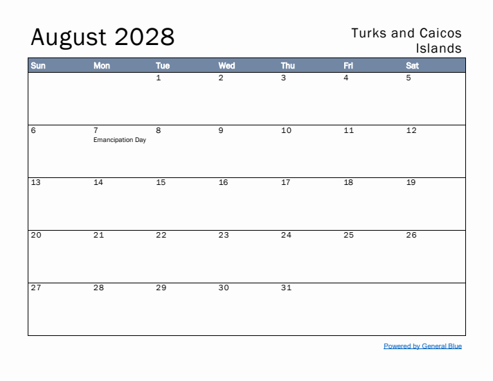 August 2028 Simple Monthly Calendar for Turks and Caicos Islands
