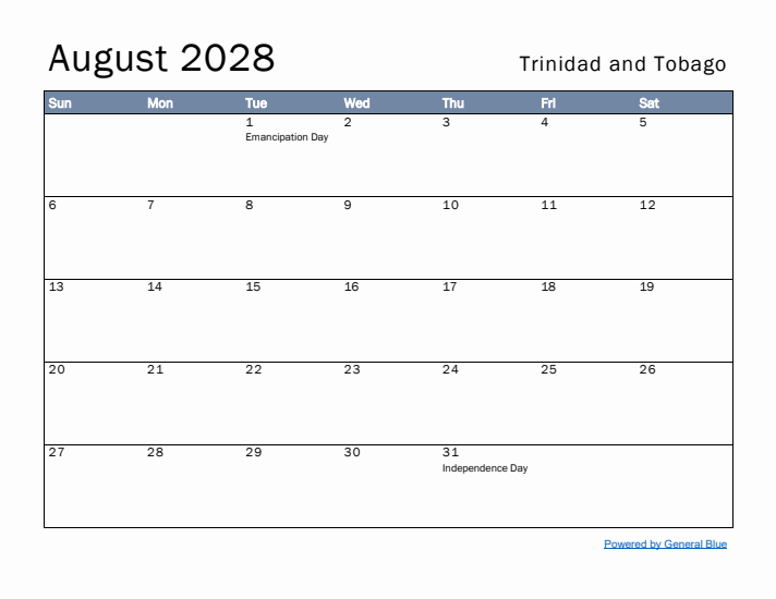 August 2028 Simple Monthly Calendar for Trinidad and Tobago