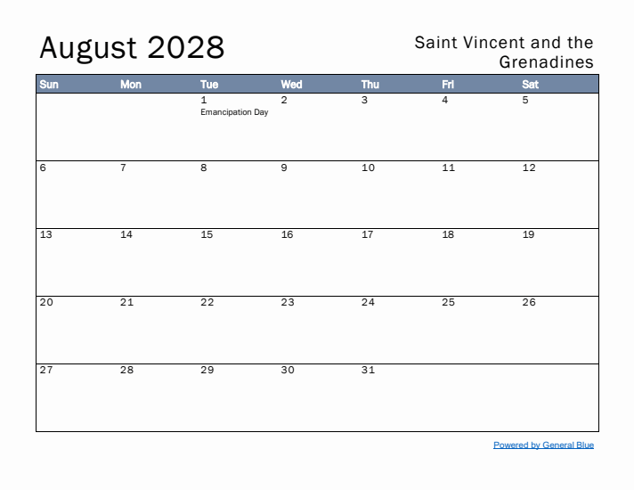 August 2028 Simple Monthly Calendar for Saint Vincent and the Grenadines