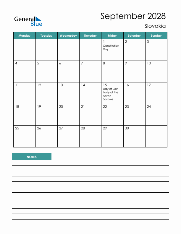 Calendar with Notes Printable - Monday Start