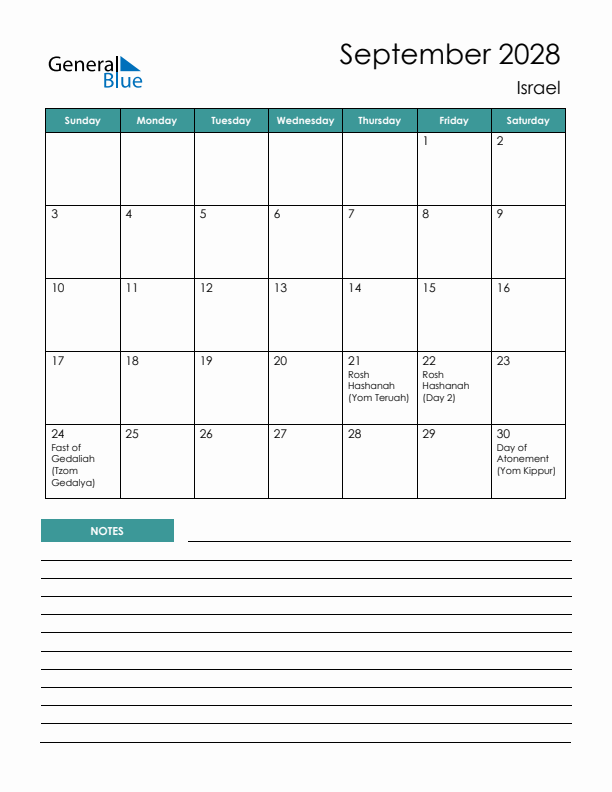 Calendar with Notes Printable - Sunday Start