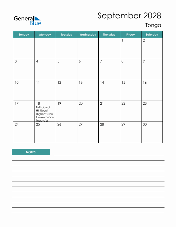 Calendar with Notes Printable - Sunday Start