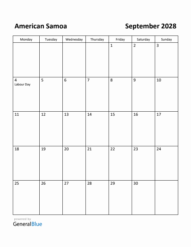 September 2028 Calendar with American Samoa Holidays