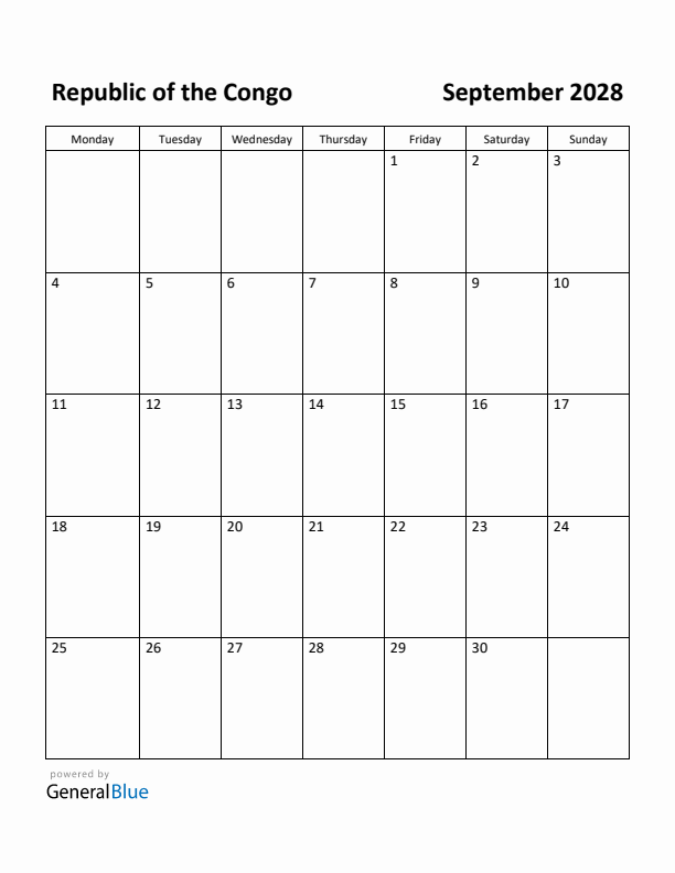 September 2028 Calendar with Republic of the Congo Holidays
