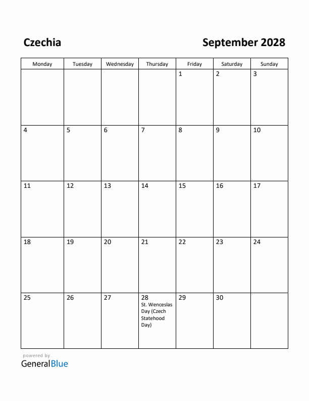 September 2028 Calendar with Czechia Holidays
