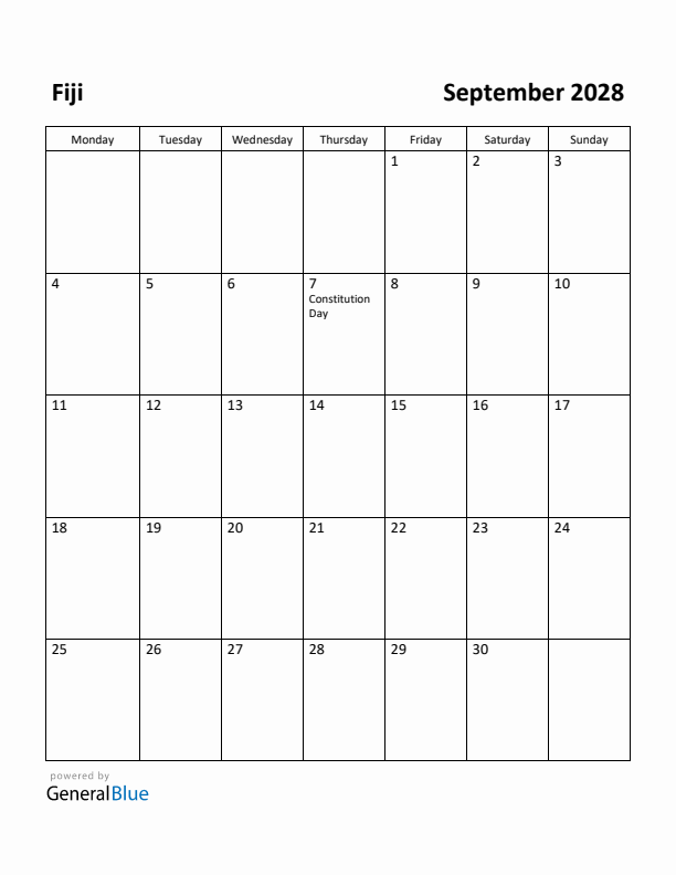 September 2028 Calendar with Fiji Holidays