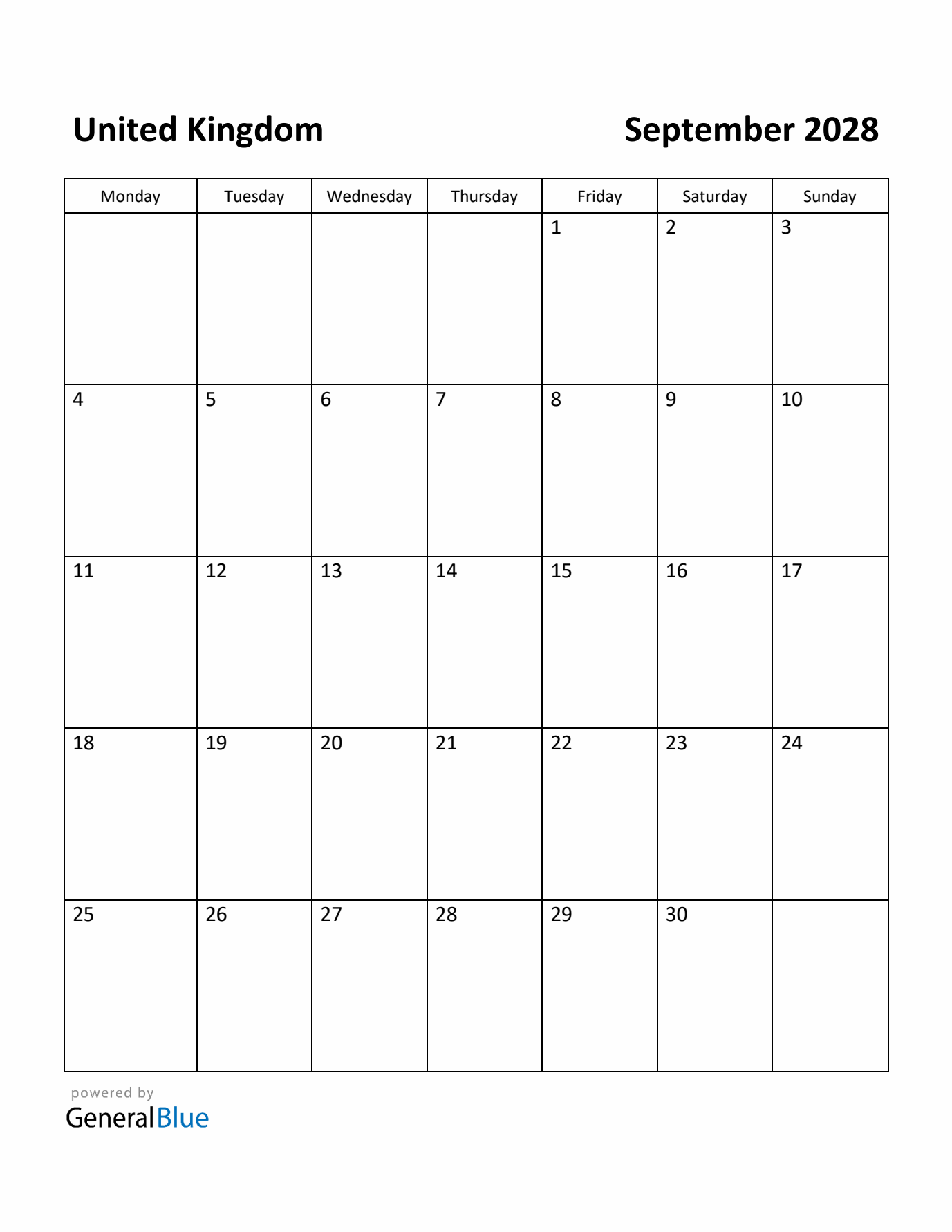 September 2028 Calendar with United Kingdom Holidays