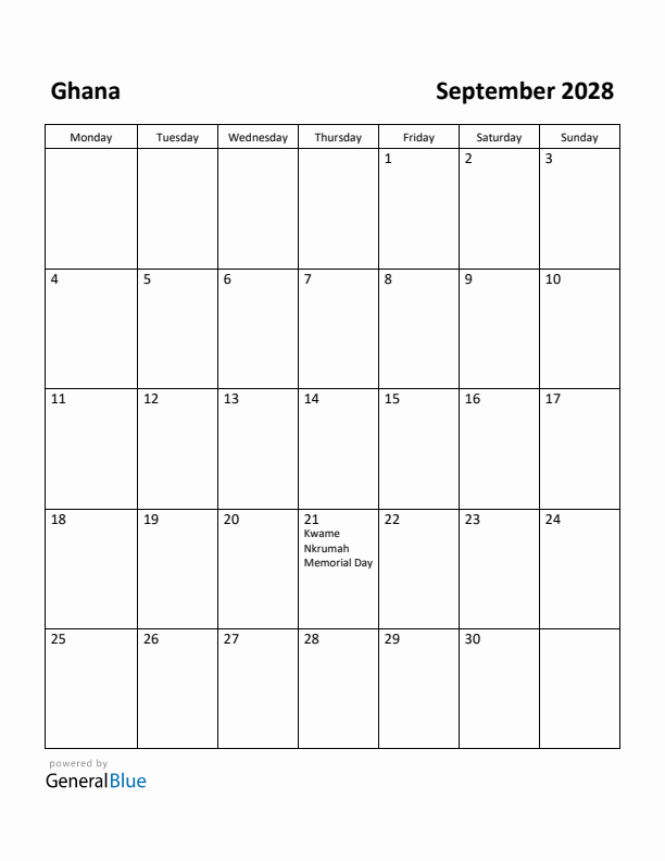 September 2028 Calendar with Ghana Holidays