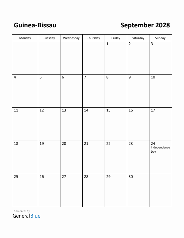 September 2028 Calendar with Guinea-Bissau Holidays
