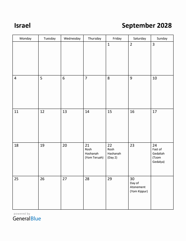 September 2028 Calendar with Israel Holidays