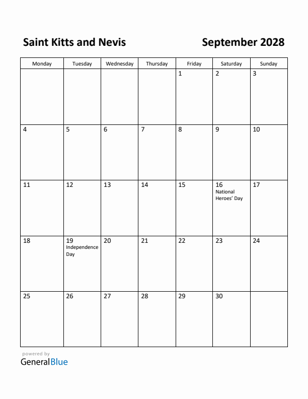 September 2028 Calendar with Saint Kitts and Nevis Holidays