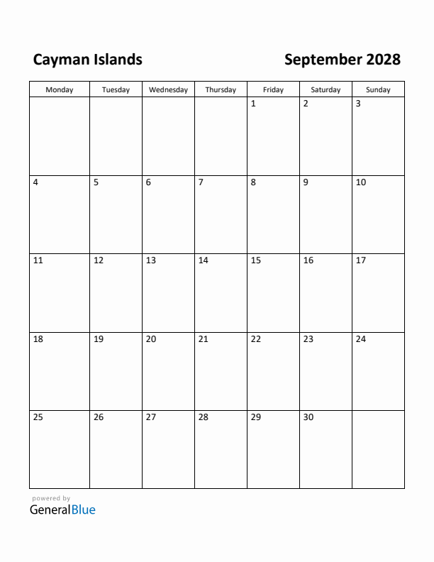 September 2028 Calendar with Cayman Islands Holidays