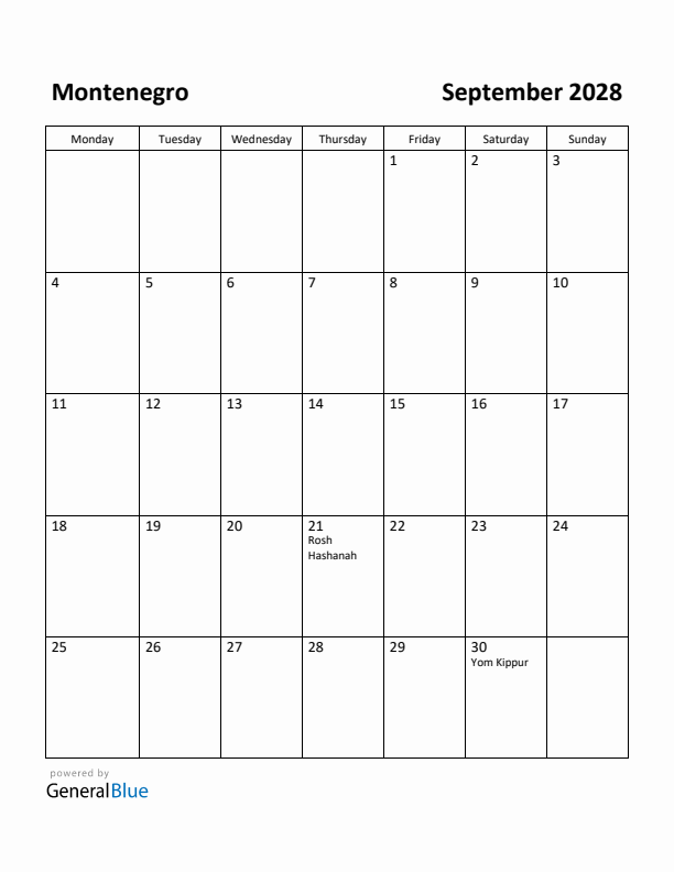 September 2028 Calendar with Montenegro Holidays