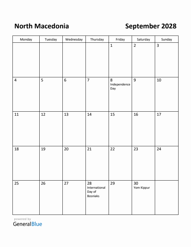 September 2028 Calendar with North Macedonia Holidays