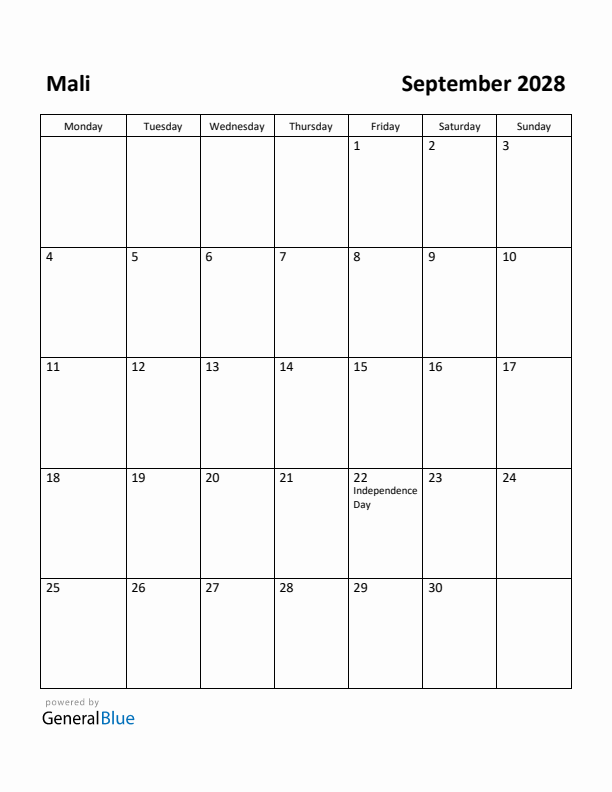 September 2028 Calendar with Mali Holidays
