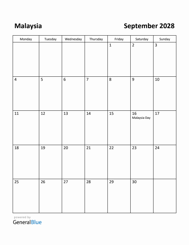 September 2028 Calendar with Malaysia Holidays