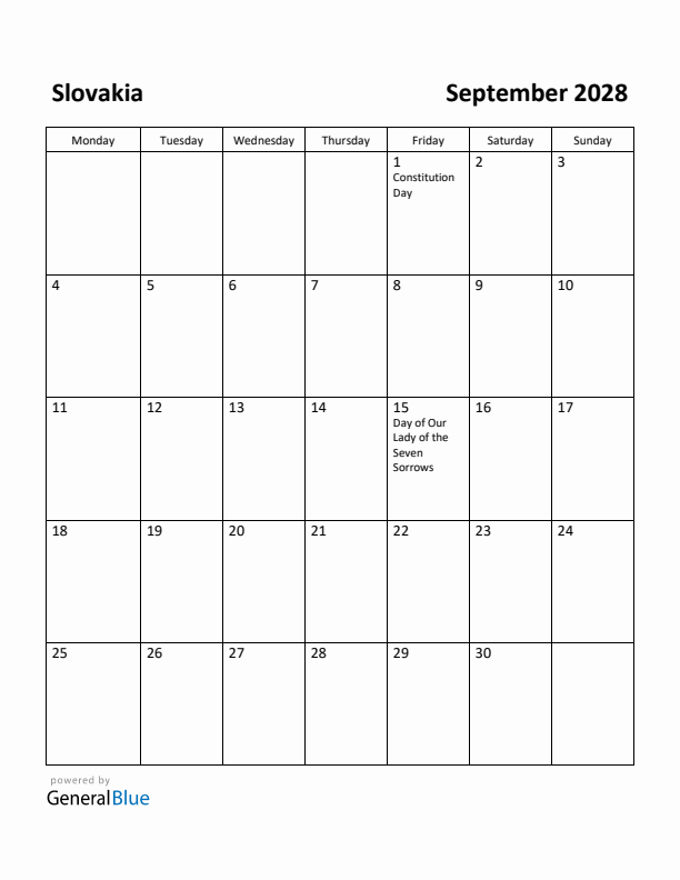 September 2028 Calendar with Slovakia Holidays