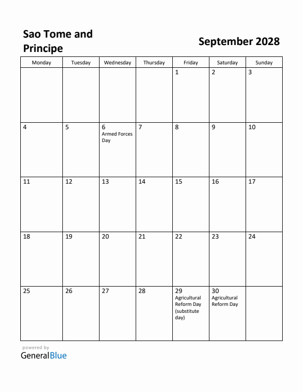 September 2028 Calendar with Sao Tome and Principe Holidays