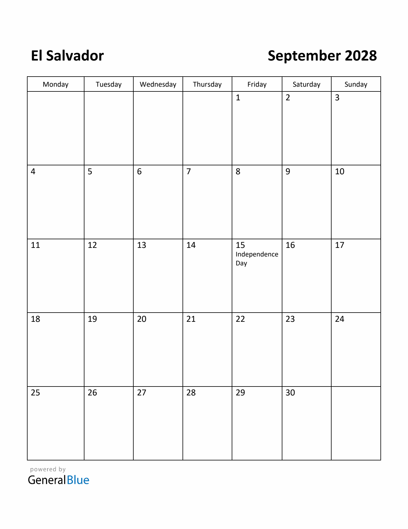 September 2028 Calendar with El Salvador Holidays