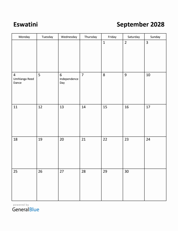 September 2028 Calendar with Eswatini Holidays