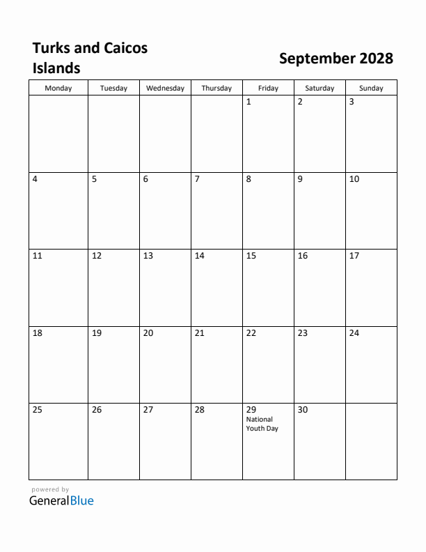 September 2028 Calendar with Turks and Caicos Islands Holidays