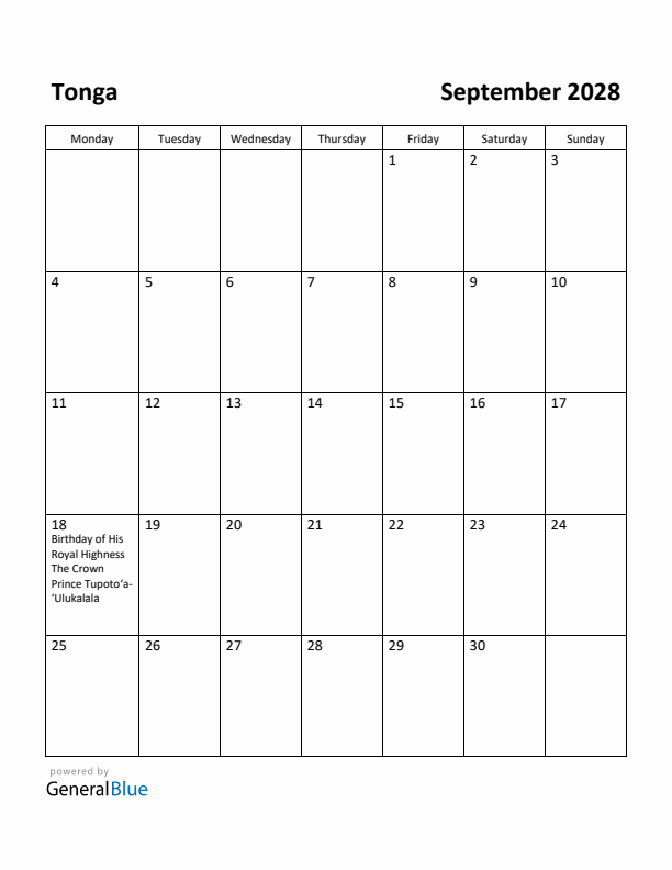 September 2028 Calendar with Tonga Holidays