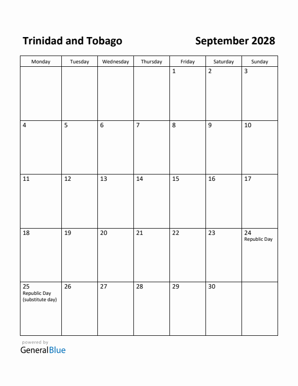September 2028 Calendar with Trinidad and Tobago Holidays