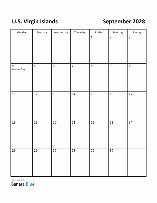 September 2028 Calendar with U.S. Virgin Islands Holidays