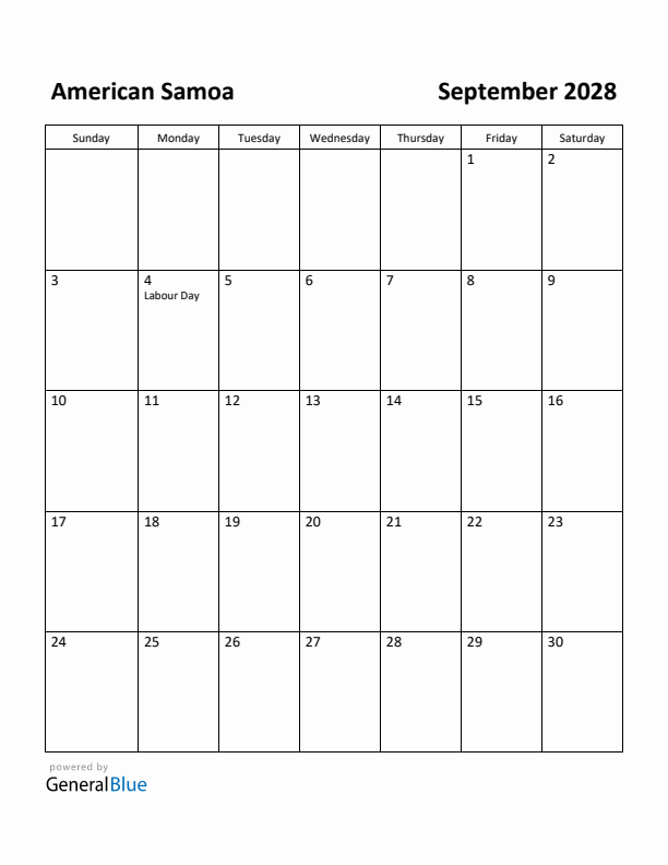 September 2028 Calendar with American Samoa Holidays