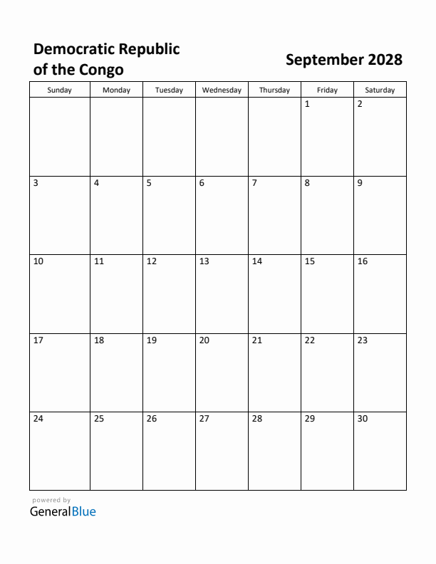 September 2028 Calendar with Democratic Republic of the Congo Holidays