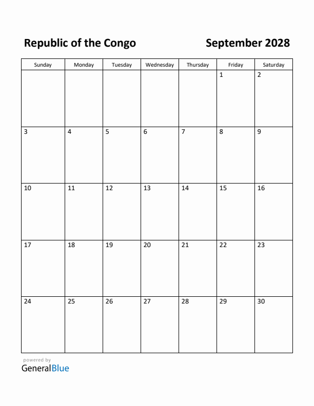 September 2028 Calendar with Republic of the Congo Holidays