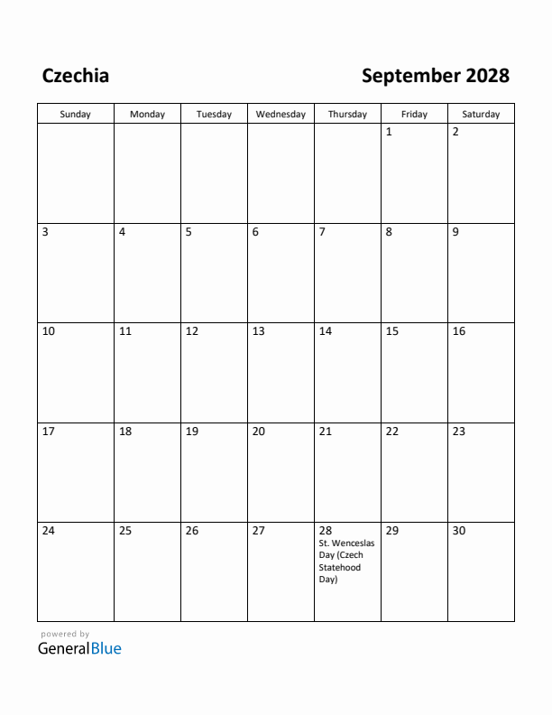 September 2028 Calendar with Czechia Holidays