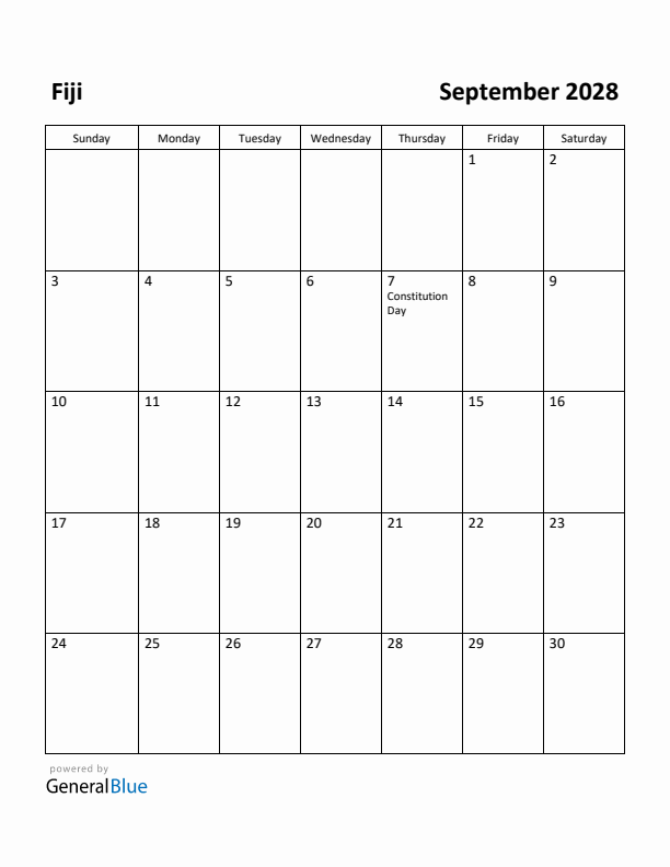 September 2028 Calendar with Fiji Holidays