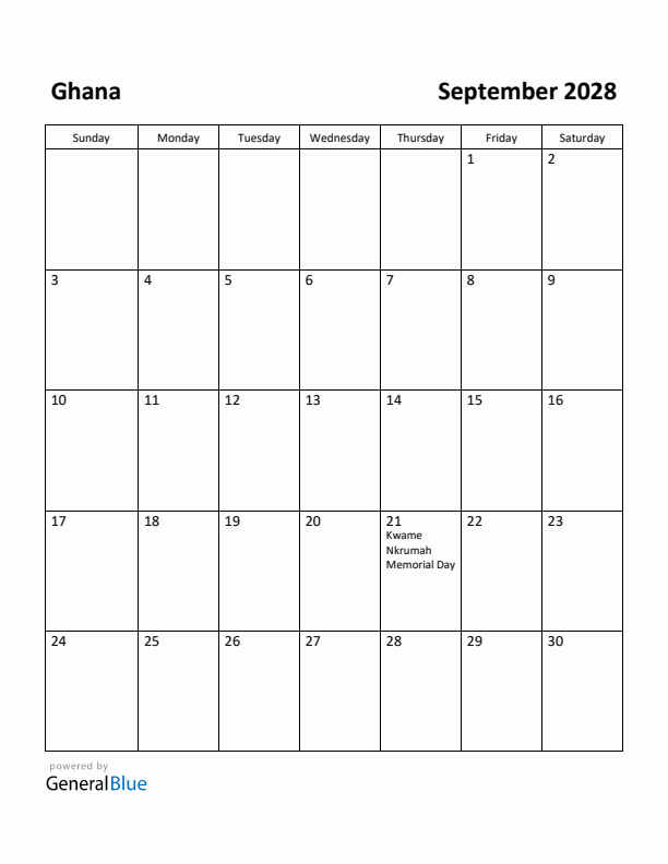 September 2028 Calendar with Ghana Holidays