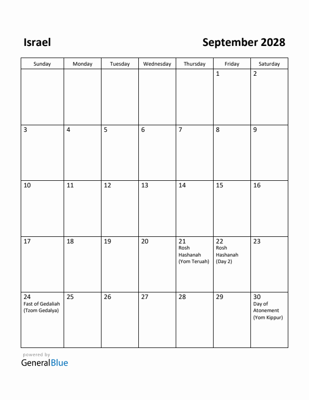 September 2028 Calendar with Israel Holidays