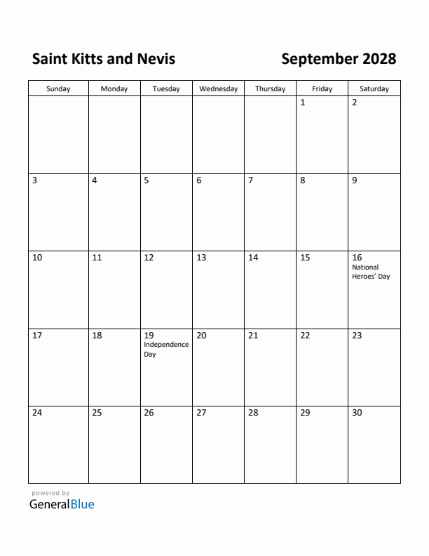 September 2028 Calendar with Saint Kitts and Nevis Holidays