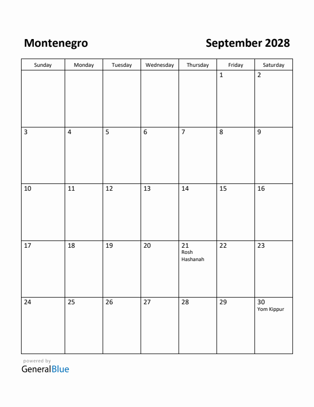 September 2028 Calendar with Montenegro Holidays