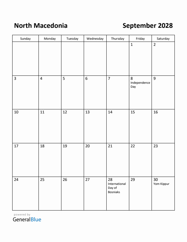 September 2028 Calendar with North Macedonia Holidays